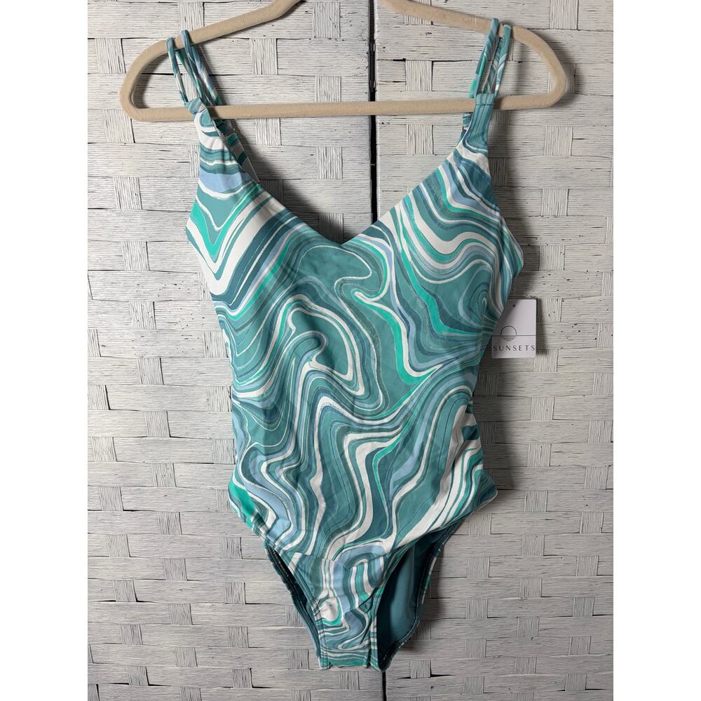 Sunset women's one piece swimsuit, tie back adjustable straps, feminine costal‎
